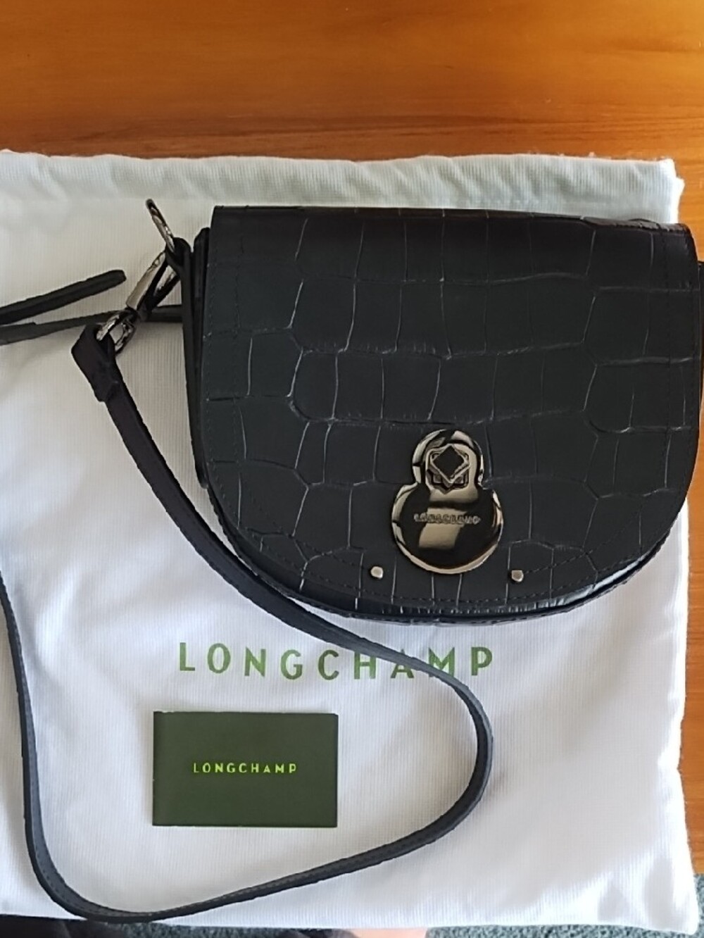 New! Longchamp Black Croc-Embossed Leather Crossbody Bag